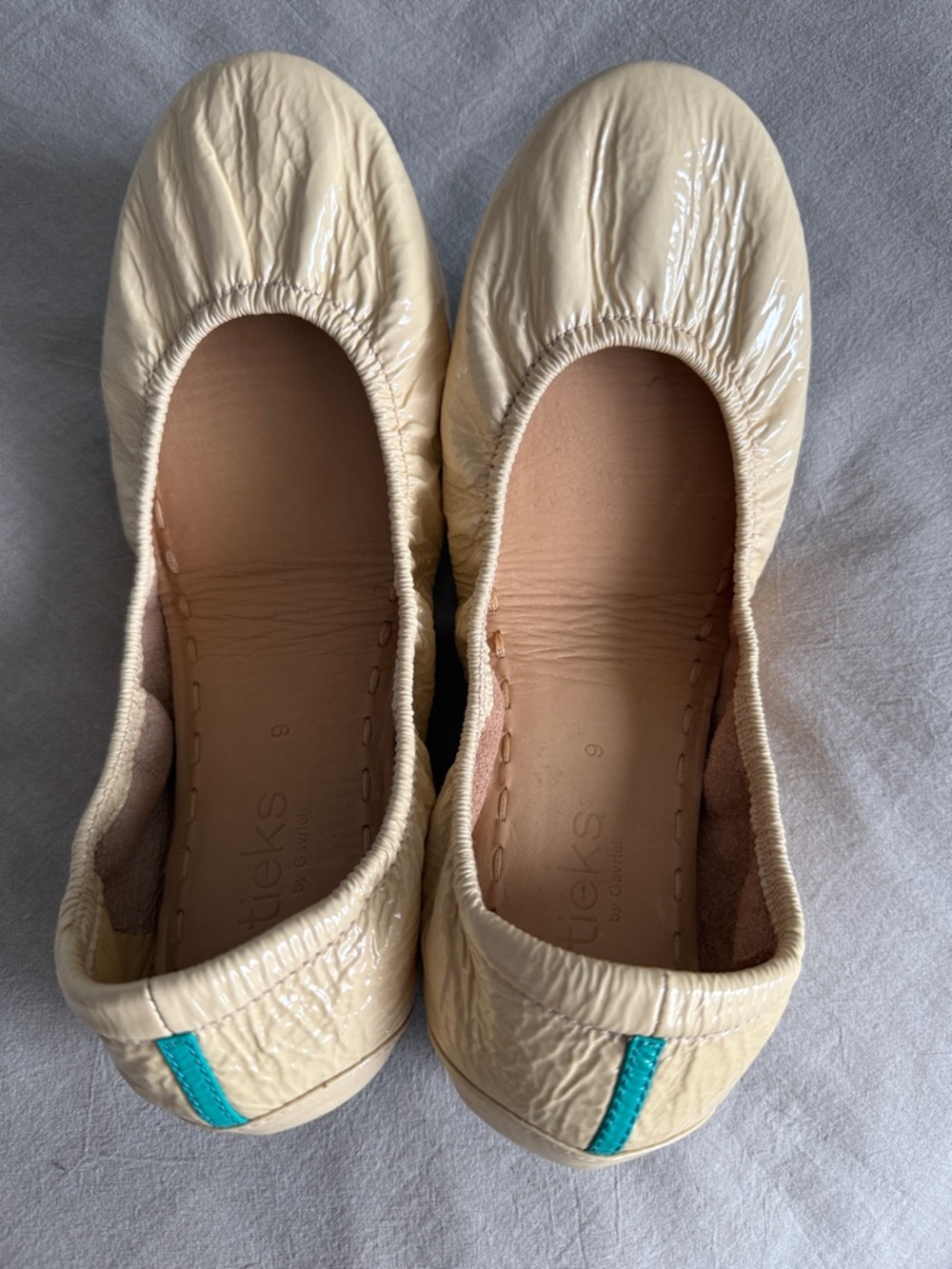 Tieks Biscotti Patent Ballet Flats with Teal Heel Tab